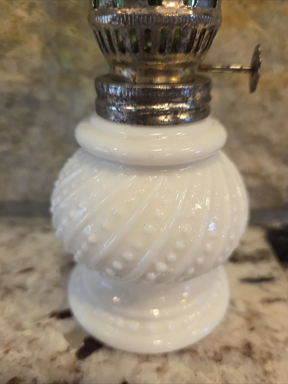 Vintage White Hobnail Milk Glass Mini Oil Lamp w/Fluted Green Glass Chimney